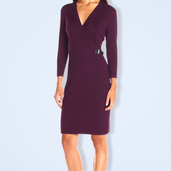 Calvin Klein Dresses & Skirts - CALVIN KLEIN Faux Wrap Sweater Dress w/ Buckle in Aubergine (Eggplant Purple)